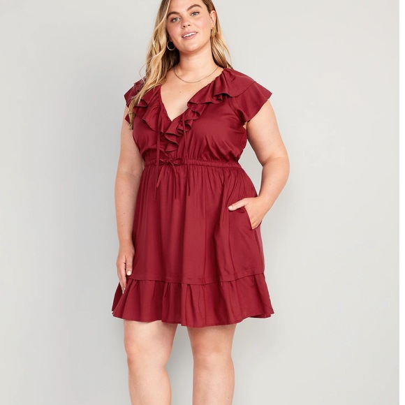 NWT OLD NAVY Waist-Defined Ruffle-Trim Mini Dress Color: Red Red Wine - Picture 5 of 8